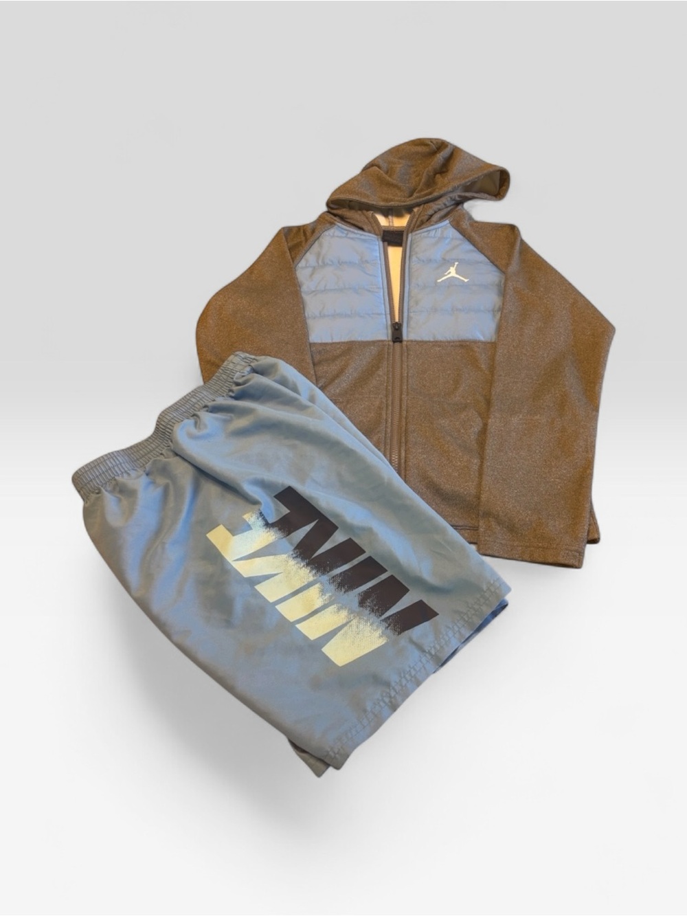 Jordan Medium Kids' Hooded Jacket and Nike large Shorts Set - Gray & Light Blue